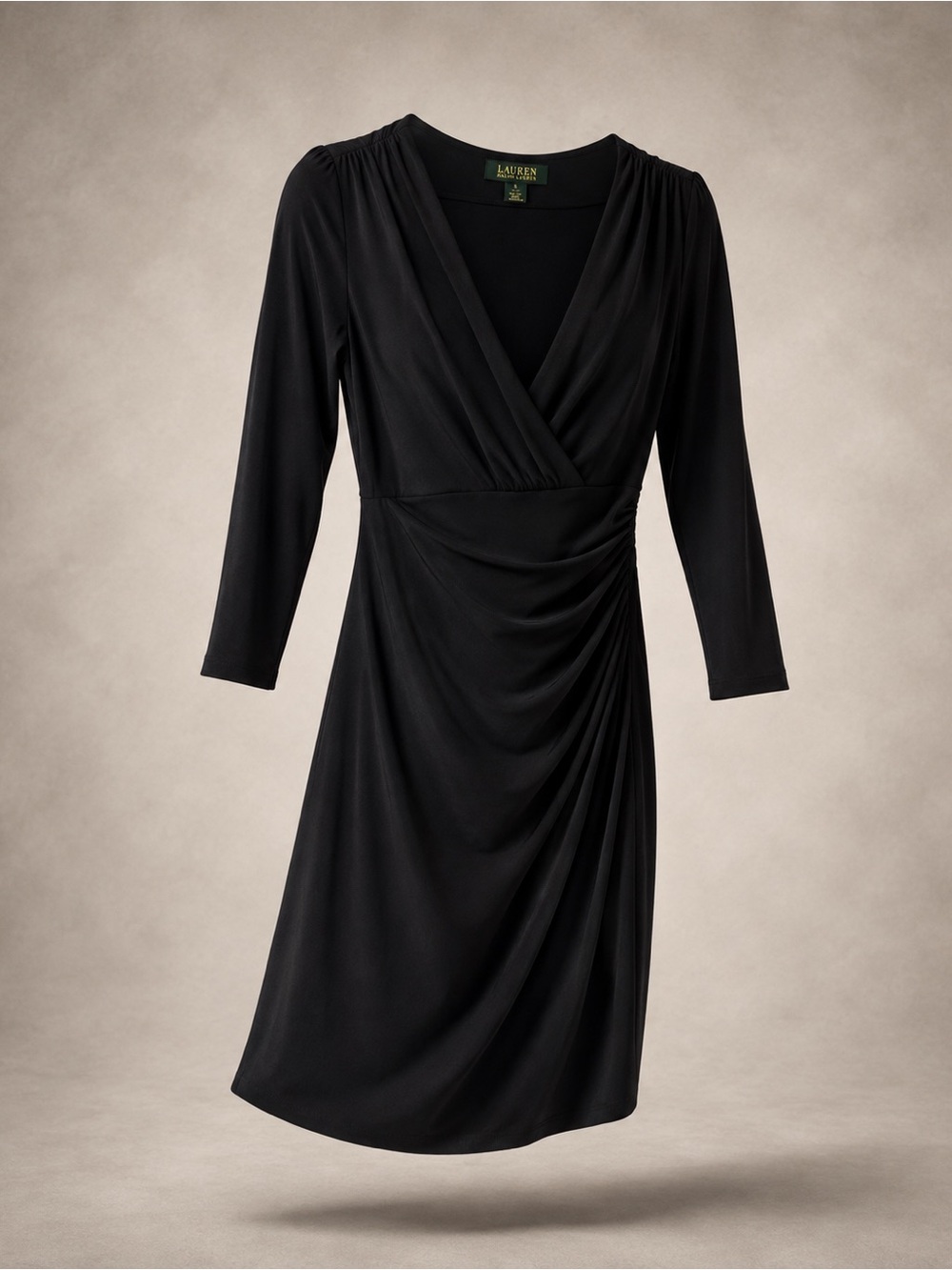 Ralph Lauren Black Ruched Wrap-Style Knit Dress